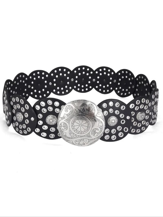 Accessories - Black Studded Circle Leather Belt with Silver Conchos & Buckle